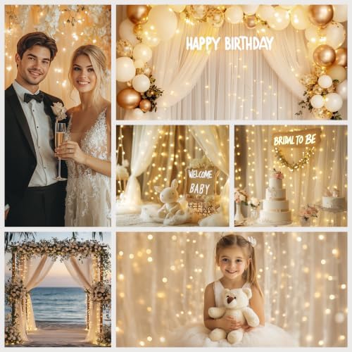 Ivory Tulle Backdrop with Fairy Lights for Parites Wrinkle-Free Sheer Curtain Drapes Photo Back Drop for Wedding Baby Shower Bridal Shower Birthday Dance Home Décor- 10ft×8ft, Ivory - Image 2