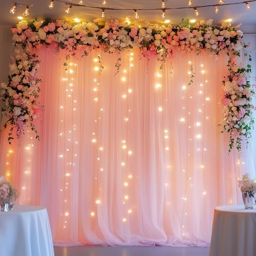 Fomcet Tulle Backdrop Curtains with Lights Peach Sheer Curtain 10x10ft - Image 7