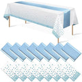 16Pack Disposable Plastic Tablecloths and Satin Table Runner Set White and Light Blue Dot Tablecloth Blue Satin Table Runner for Wedding Birthday Baby Shower Anniversary Engagement Xmas Party Supplies by MASHAN