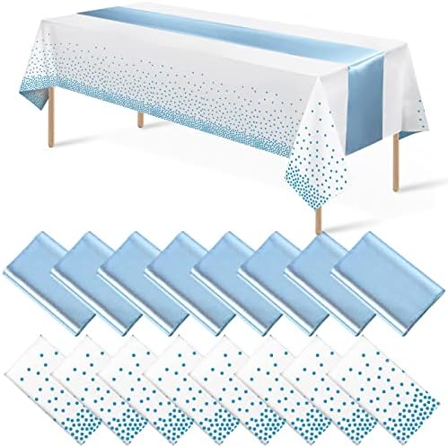 16Pack Disposable Plastic Tablecloths and Satin Table Runner Set White and Light Blue Dot Tablecloth Blue Satin Table Runner for Wedding Birthday Baby Shower Anniversary Engagement Xmas Party Supplies by MASHAN