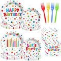 Kinovo 96 Pcs Happy Birthday Paper Plates Tableware Set (Serves 24), Birthday Dots Dots Design Supplies Set Include Plates Napkins Forks for Party by Kinovo