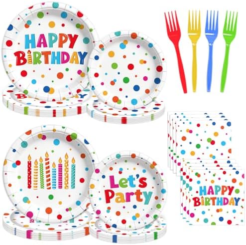 Kinovo 96 Pcs Happy Birthday Paper Plates Tableware Set (Serves 24), Birthday Dots Dots Design Supplies Set Include Plates Napkins Forks for Party by Kinovo