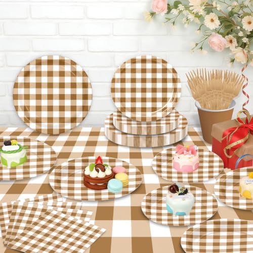146PCS Brown Gingham Party Supplies Paper Plates and Napkins Serve 36 - Image 3