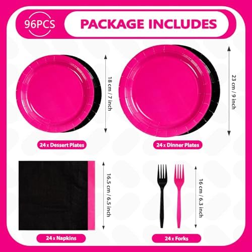 Grencian 96 Pcs Hot Pink and Black Birthday Decorations, Serves 24 - Image 2