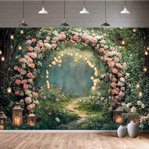 6x6ft Enchanted Forest Wedding Photography Backdrop Wonderland Roses Fairy Tale Backdrop Pink Flower Birthday Newborn Baby Shower Wedding Bridal Party Banner Photo Booth Props Anniversary Background - Image 7