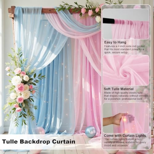 Gallety Tulle Backdrop Curtain with String Lights, 10x8ft Sheer Blue and Pink Backdrop Curtain for Photography, Gender Reveal, Twin Baby Shower, Wedding, Birthday, Baptism, Spring Decorations - Image 2