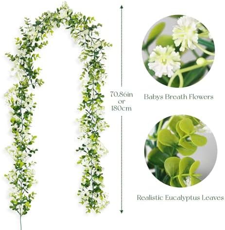 6FT Eucalyptus Garland with Flowers, 8 Pack Artificial Greenery Garland Hanging Faux Eucalyptus Garland Suitable for Table Wedding Backdrop Arch Wall Party UV Protected Indoor Outdoor Decor - Image 7