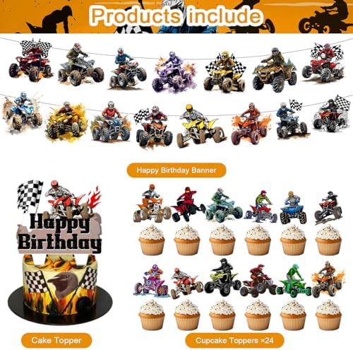 59 Pcs Four Wheeler ATV Quad Bike Birthday Party Supplies, Quad Bike Themed Party Decoration Dirt Bike Backdrop Balloons Cake Cupcake Topper for Four Wheeler ATV Quad Bike Themed Party Decor - Image 3