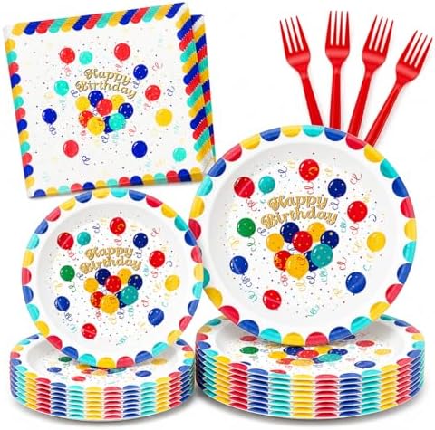 Birthday Party Supplies for 24 Guests – 96-Piece Disposable Party Tableware Set with Plates, Birthday Plates and Napkins, Forks, Colorful Balloons Party Supplies, Heavy Duty for Kids & Adults by Unknown