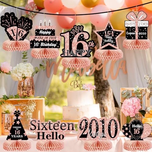 9Pcs Rose Gold Sweet 16 Birthday Decorations Honeycomb Centerpieces for Girls,Pink Happy 16th Birthday Centerpieces Tables Toppers Party Decorations Supplies 16th Table Sign Decor - Image 5