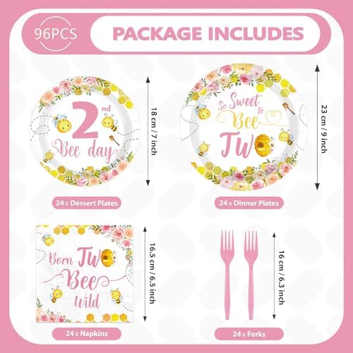 96Pcs Bee 2nd Birthday Party Decoration for Girl Birthday Serves 24 - Image 5