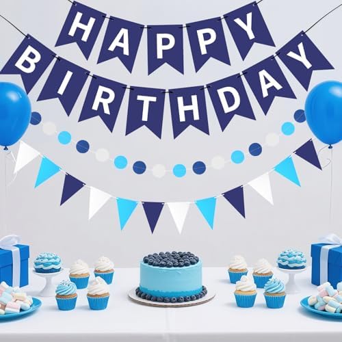 Blue Happy Birthday Banner Hanging Sign Circle Dot Triangle Bunting - Image 2