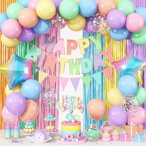 Jobkoo Pastel Birthday Decorations for Girls, Macaron Rainbow Pastel Color Balloons Reusable Happy Birthday Banner Sign Fringe Curtain Backdrop Cake Toppers for Kid Spring Baby Shower Party Decoration by Jobkoo