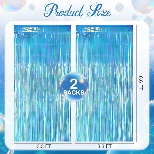 2 Pack Blue Iridescent Streamers Backdrop, 3.3x6.6ft Foil Fringe Curtains Holographic Door Tinsel Streamers for Birthday, Wedding, Holiday, Bachelorette, Christmas, Winter Theme Party Decorations - Image 2
