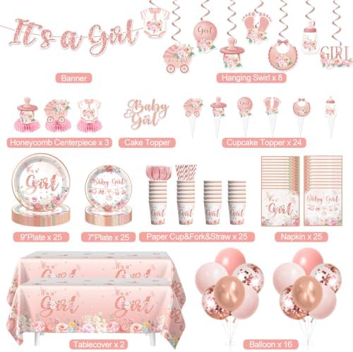 213Pcs Floral Girl Baby Shower Decorations Tableware Set, 25 Serves - Image 2
