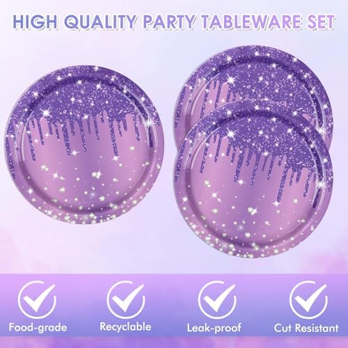 40 PCS Purple Birthday Decorations - Includes 20 Paper Plates and 20 Napkins Purple Silver Glitter Party Supplies for Girl Women’s 21st 30th 40th 50th 60th 70th 75th 80th Birthday,Serves 20 - Image 4