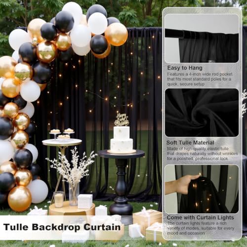 Gallety Black Tulle Backdrop Curtain with String Lights, 10x8ft Sheer Black Backdrop Curtain for Photography, Gothic Wedding, Halloween, Birthday,Graduation, Gala, Cocktail Party Decorations - Image 2