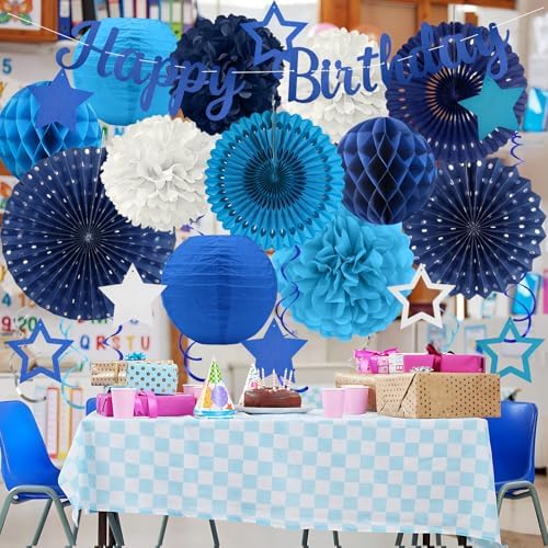 Navy Blue Birthday Party-Decorations - 29pcs Blue Party Decorations for Men Boys, Happy Birthday Banner Paper Streamers Lanterns Tissue Pom Poms - ZERODECO - Image 4