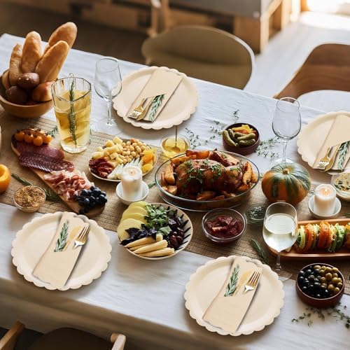 Fall Paper Plates and Napkins Ivory Scalloped Paper Plates Tableware Serves 40,Thanksgiving Party Platter for Boho Baby Shower Wedding Birthday - Image 5