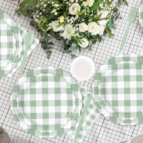 175 PCS Sage Green Gingham Plates and Napkins, Green Checkered Disposable Plates Set with Napkins Cups Plastic Spoons Forks Knives for Dinner Birthday Baby Shower Wedding Supplies Serve 25 Guests - Image 3