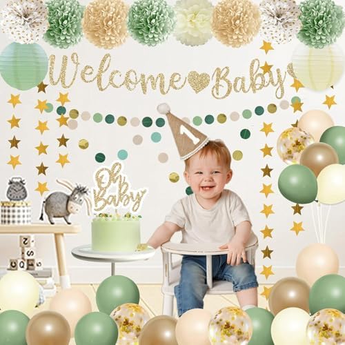 Sage Green Baby Shower Decorations Gender Neutral Baby Shower Decorations Welcome Baby Banner Sage Green Balloons Paper Lanterns Pom Tablecloth Neutral Gender Reveal Birthday Party Supplies - Image 4