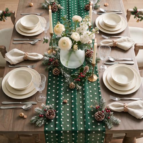 Artoid Mode Green Gauze White Flocking Dots Table Runner 10FT, Christmas Sheer Dining Table Decor for Wedding Anniversary Holiday Birthday Home Party - Image 5
