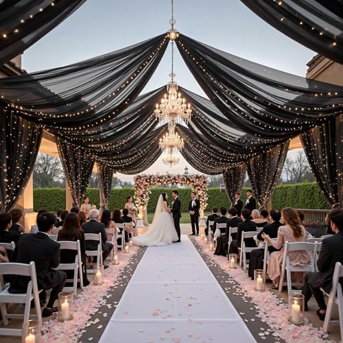 12 Panels Black Ceiling Curtains with Lights for Weddings - 5ftx20ft Wrinkle-Free Tulle Fabric Wedding Arch Draping Ceiling Drapes Decorations for Wedding Party Ceremony Stage Tent Event - Image 5