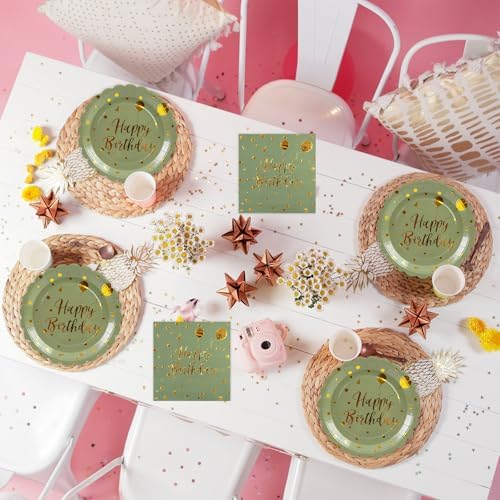 50PCS Happy Birthday Paper Plates and Napkins Set - 7 Inch Sage Green and Gold Birthday Cake Plates Scalloped Dessert Plate Disposable Tableware for Birthday's Party Supplies Decorations - Image 6