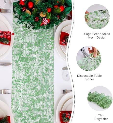 Snowkingdom Sage Green Table Runner, Sequin Glitter Foil Metallic Sage Green Mesh Spring Table Runner 11inch x 240inch,Table Decorations for Party Wedding Bridal Birthday Shower Christmas - Image 4