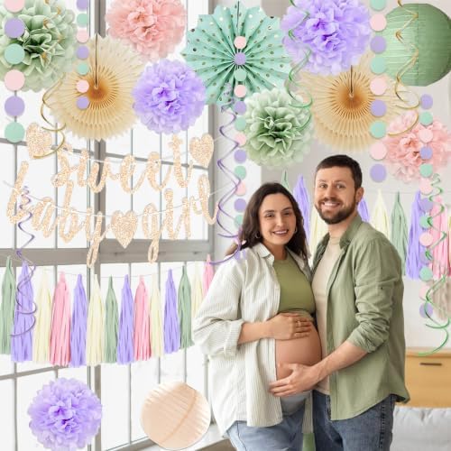 Sage Green and Blush Purple Baby Shower Decorations - Sweet Baby Girl Banner, Olive Green Lanterns, Streamers, Tissue Pom Poms, Paper Fans, Boho Paper Tassel, Rustic Backdrop Decor - Image 3