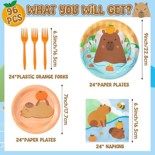 96Pcs Capy Cute Cartoon Animal Orange Party Plates Supplies Tableware Decorations Disposable Paper Plates Napkins Forks for Kids Birthday Baby Shower, Serves 24 - Image 2
