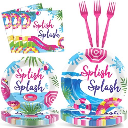 CHUNNIN 96Pcs Pink Splish Splash Plates and Napkins Summer Pool Birthday Party Decorations Splish Splash Bash Dessert Plates Summer Beach Tableware for 24 Guests Girls Hawaiian Party Supplies by CHUNNIN