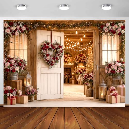 Rustic Wooden Farmhouse Door Backdrop Red Pink Floral Wreath String Lights Barn Wedding Photography Background Country Bridal Shower Valentine Party Photo Booth Decor 6x6 FT - Image 5
