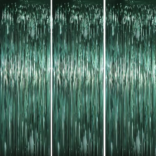 Voircoloria Retro Green Foil Fringe Backdrop Curtains, 3.3x6.6ft, 3pcs by Voircoloria