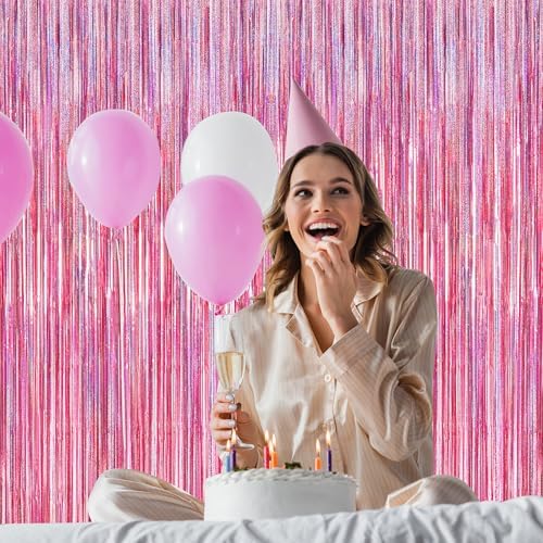2 Pack Glitter Pink Backdrop, 3.28 FT x 7.05 FT Birthday Party Decorations, Laser Pink Fringe Curtains Foil Streamer Tinsel, Pink Curtains Photo Backdrop Happy Birthday Valentines Day Backdrop - Image 5