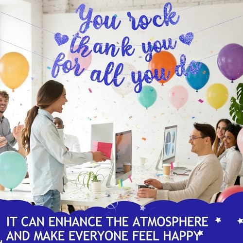 Pre-Strung You Rock Thank You For All You Do Banner - Glitter Employee Appreciation Decorations, Staff Teacher Nurse Recognition Party Supplies, Retirement Office Decor Sign, Large Cardstock Garland (Blue) - Image 7