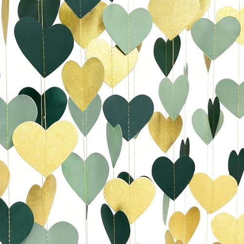 Sage Green and Gold Heart Party Glitter Gold Paper Olive Green Love Heart Hanging Garland Streamer Banner for Woodland Safari Birthday Wedding Anniversary Valentines Day Party Decorations by pinkblume