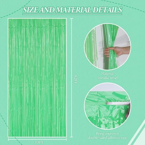 DECOCKRAT 3 Pack Foil Fringe Backdrop - Pastel Light Green Shiny Tinsel Curtains for Party Decoration/Photo Booth Props - 3.3x8.2 FT Metallic Foil Backdrop for Birthday, Wedding, Graduation, Christmas - Image 2