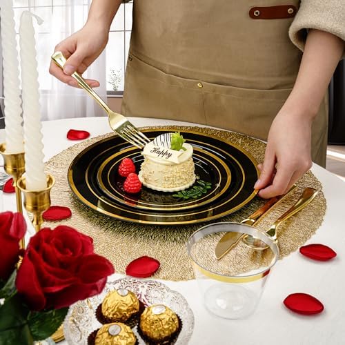 BESTVIP 600PCS Black Gold Dinnerware Set for 100 Guests, Plastic Plates - Image 3