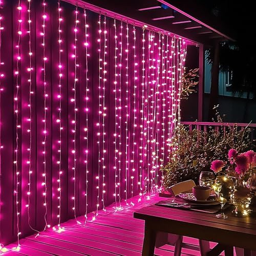 Dazzle Bright 300 LED Curtain String Lights, Valentine's Day Fairy Lights for Bedroom with 8 Lighting Modes, Connectable Waterproof Window Lights Party Wedding Garden Wall Christmas Decor, Pink - Image 6
