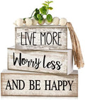 Moucuny 4 Pcs Inspirational Farmhouse Table Decor Rustic Stacked Wooden Block Sign - Live More Worry Less Be Happy Centerpieces Set with Beaded Tassel and Artificial Plant for Home, Office, Shelf Gift by Moucuny