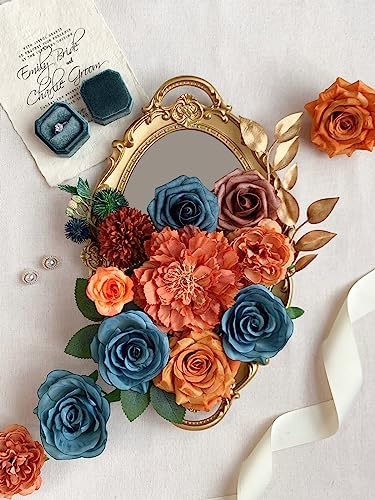 FACINOC Roses Artificial Flowers Teal Orange Bouquet Fall Fake Flower Combo - Image 2
