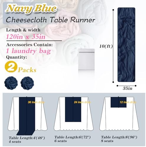 Navy Blue Cheesecloth Table Runner 2 Pack 35" Boho Gauze Table Runner 120 inches Long Runner Rustic Sheer Fabric Bulk for Baby Shower Wedding Bridal Birthday Party Table Decorations - Image 2