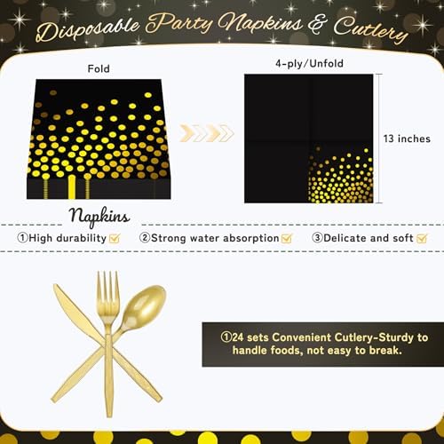 Black and Gold Dots Party Plates,168PCS Birthday Tableware Party Supplies - Image 4