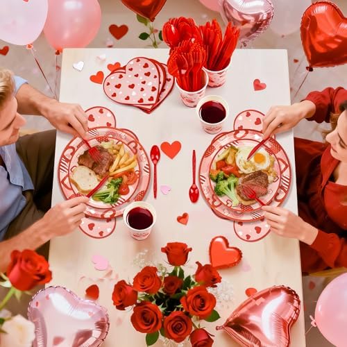 168PCS Red Love Heart Party Supplies for Valentines,Galentines Disposable Paper Plates Napkins Cups Cutlery for 24 Guest,Love Party Tableware for Anniversary Wedding Engagement Birthday Baby Shower - Image 6