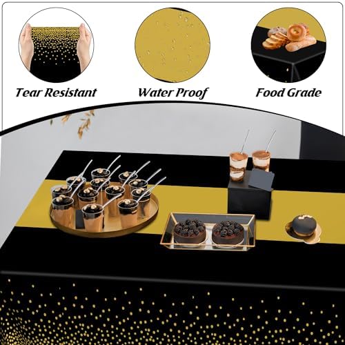 QZYL 12Pack Plastic Table Cloth Disposable, 54" x 108" Waterproof Black Table Cloths with Gold Dots, Outdoor Tablecloth for Rectangle, Table Cloth Cover for New Years Eve Decorations Holiday Birthday - Image 3