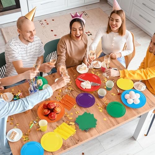 Kochorie 504 Pcs Rainbow Party Supplies Set, Colorful Disposable Paper Tableware Set 7 inch & 9 inch Plates Cups Napkins Cutlery for Birthday Baby Shower Rainbow Neon Party Decorations, Serve 72 - Image 6