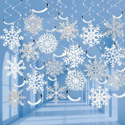 Snowflake Decorations, Christmas Hanging Decor, White Silver, 48-Pc by OuMuaMua