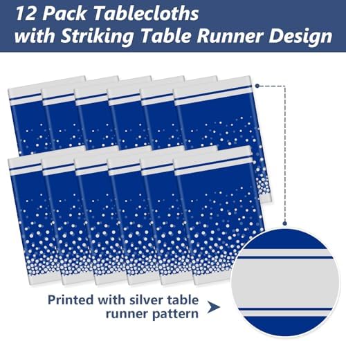 LANLISA Blue and Silver Tablecloth Party Decorations 12 Pack, Disposable Plastic Table Cloths for Graduation Birthday Retirement Masquerade Party Decor - Image 4