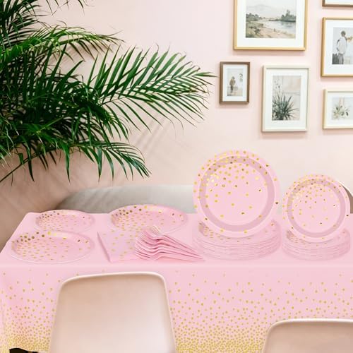 122 Pcs Pink Plates and Napkins Party Supplies, Birthday Decorations for Women Serves 30, Girl Baby Shower Decorations with Wedding Paper Plates, Golden Pink Party Supplies with Fork and Tablecloth - Image 4